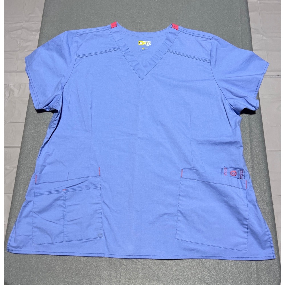 WonderWink WonderFLEX V-Neck Scrub Top 2X Periwinkle Blue Red Trim 6108 Womens